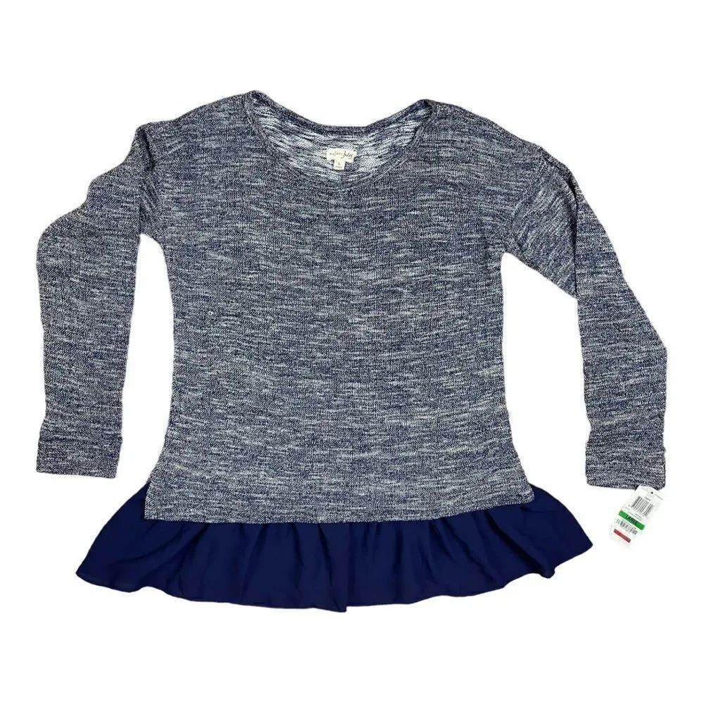NWT Maison Jules Tops Blue Metallic Knit Ruffled Hem Sweater Women’s Size Large